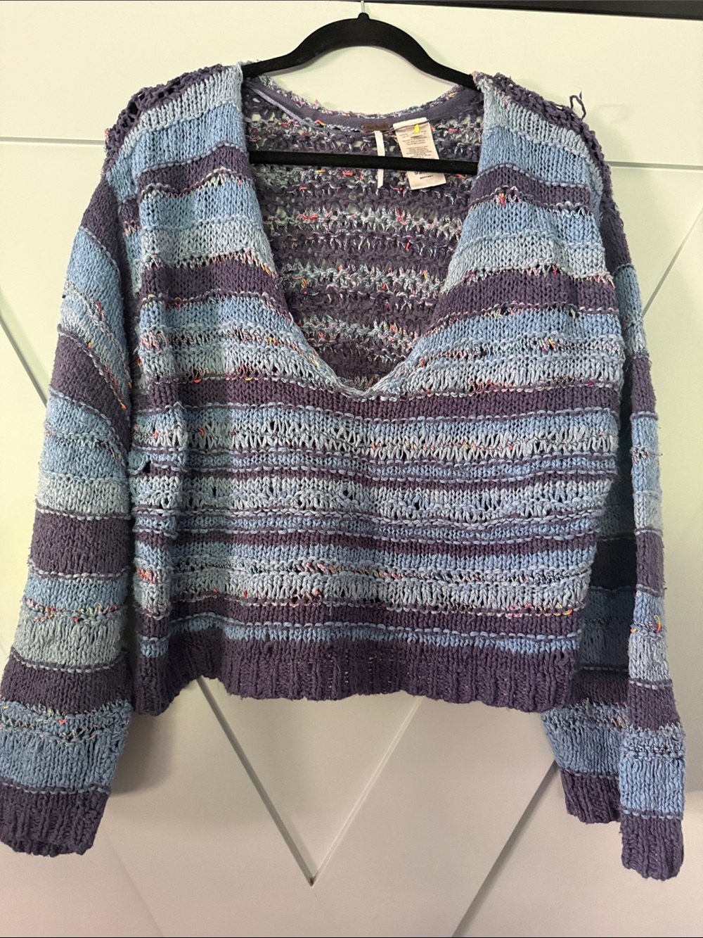 Free People Striped Open-Knit V-Neck Sweater in Purple & Light Blue
